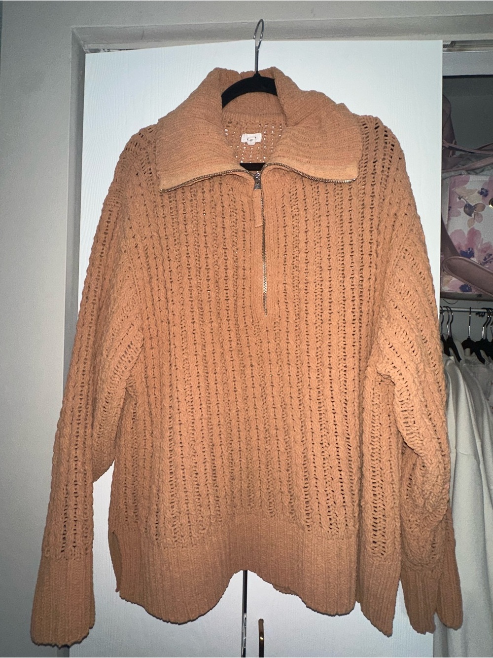aerie Open-Knit Half-Zip Sweater in Camel